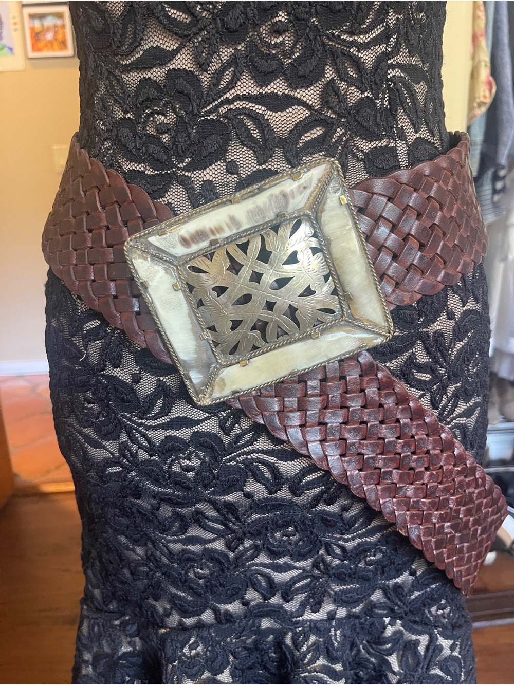 Empire Square braided leather belt with Mother of Pearl buckle. 45 inches